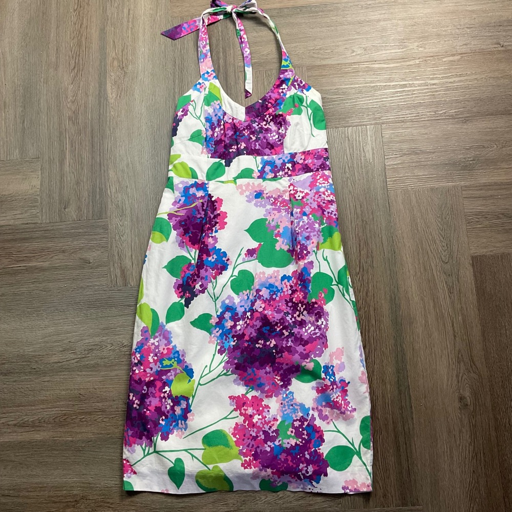 Boden Natalie Ponte Floral Hydrangea Halter Sheath Dress 4R Purple Pink White